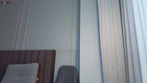 Video of a modern, minimalist bedroom featuring a padded headboard, beige curtains, and a plush chair with a grey seat cushion. The room is well-lit with soft natural light filtering through the windows.