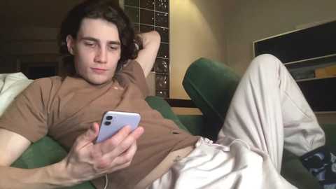 Video of a young man with curly hair, wearing a brown t-shirt and beige shorts, lounging on a green couch, holding a smartphone, in a dimly lit room with beige walls and a brick-patterned wall.