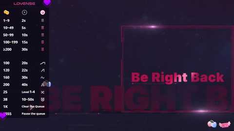 Media: A digital screenshot of a game with a dark purple background and a large, glowing red \"BE RIGHT BACK\" text. A vertical menu on the left displays in-game stats and options.