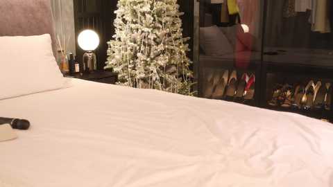 Video of a modern, elegantly furnished bedroom featuring a neatly made white bed, a lit round bedside lamp, a snowy artificial Christmas tree, and a mirrored closet displaying high-heeled shoes.