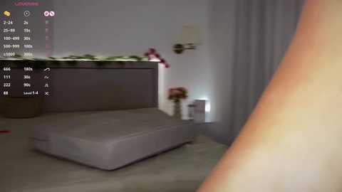 Video of a virtual reality bedroom scene, featuring a gray bed, a wall-mounted lamp, and a partially visible person's arm on the right. The room has a modern, minimalist decor with muted colors.