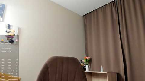 Video of a minimalist office corner with a brown upholstered chair, beige wall, brown curtain, and a small wooden desk with a vase of flowers.