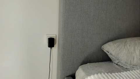 Video of a corner of a bedroom showing a white wall with a black electrical outlet, a grey textured headboard, and a rumpled white pillow and duvet.