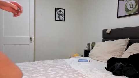 A video shows a minimalist bedroom with a white door, beige walls, a dark headboard, and a bed with light bedding. A person's hand throws a black garment.
