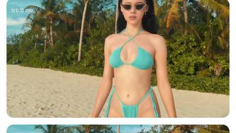 Video of a young woman with light skin and long dark hair, wearing a turquoise bikini, standing on a sandy beach with palm trees in the background.