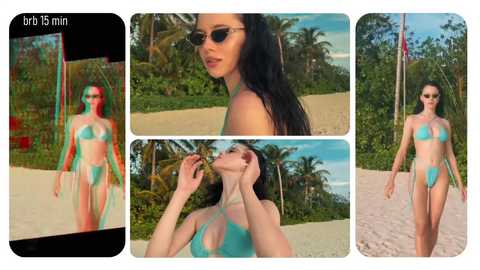 A collage of four photos: a woman with long black hair, wearing a turquoise bikini and sunglasses, stands on a sandy beach with palm trees, showcasing her slim physique and medium-sized breasts.