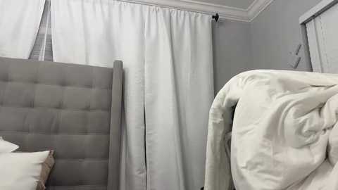 Media: A video of a modern bedroom featuring a gray upholstered headboard, white bedding, and a sheer white curtain. The walls are light gray, and the room exudes a minimalist, clean aesthetic.
