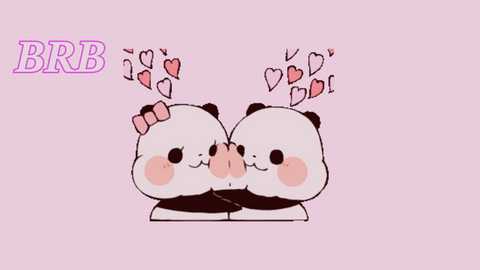 A digital drawing of two cute, chubby panda bears with pink cheeks, kissing. They wear pink bows and hearts float above them. \"BRRB\" is written in large pink letters on the left.
