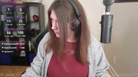 Media: A video of a woman with long brown hair wearing a headset, grey cardigan, and maroon top, sitting in front of a computer with streaming statistics.