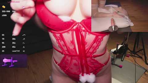 Video of a fair-skinned woman in red lace lingerie, partially covered by a white cloth, with a dildo visible. Background shows a wooden floor and a pink vibrator.