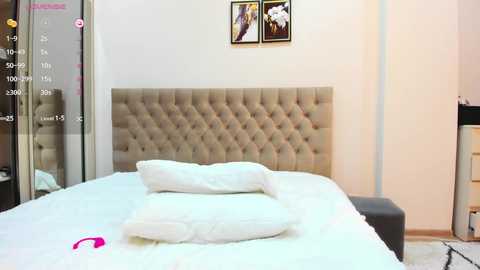 Video of a modern bedroom with a beige tufted headboard, white bedding, two pillows, and a pink vibrator on the bed. Two framed floral pictures hang above the headboard, and a nightstand stands to the right.