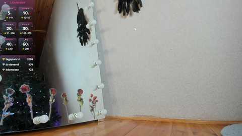 Video of a white wall with a white, triangular-shaped frame displaying colorful, abstract floral patterns, and a black feather hanging from the ceiling, on a wooden floor.