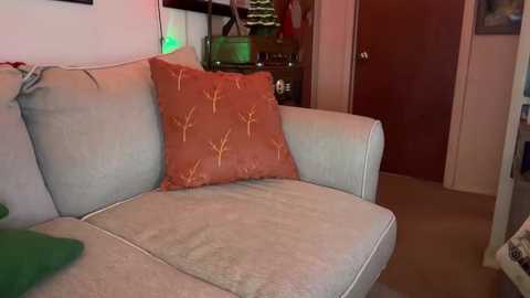 Video of a cozy living room with a light grey sectional sofa adorned with a red pillow featuring yellow tree designs. The background showcases a door, a green vase, and a small plant, exuding a warm, homely atmosphere.