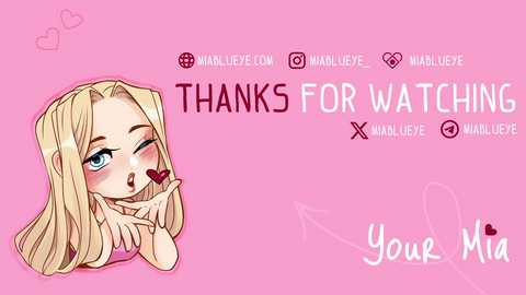 A digital drawing of a blonde anime girl with blue eyes, blushing, blowing a heart kiss on the left. Text on the right reads \"THANKS FOR WATCHING\" with social media icons. Background is pink with heart doodles.