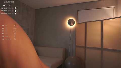Video of a minimalist, dimly lit room with beige walls, a beige sofa, and a tall floor lamp casting a warm glow. A large orange object occupies the foreground, partially obscuring the view.