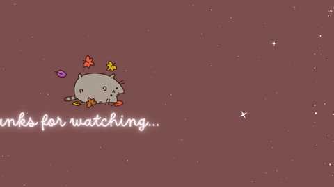 A whimsical digital drawing features a gray, chubby squirrel with a striped tail, surrounded by colorful autumn leaves, set against a maroon background sprinkled with stars. Below, white text reads, \"thanks for watching...\