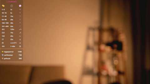 Video of a dimly lit room with a beige wall and a metal bookshelf in the background. The image is blurred, focusing on a figure standing in the foreground, partially obscured.