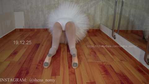Video of a ballet dancer in a white tutu, white tights, and pink pointe shoes, kneeling on a wooden floor, with a mirrored wall in the background.