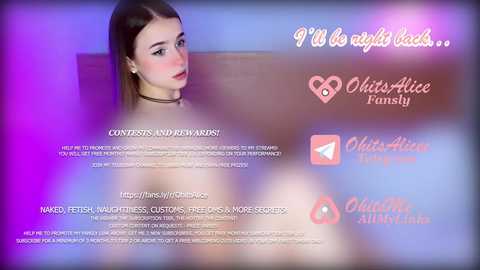 Video of a young woman with light skin and brown hair, wearing a choker necklace, blurred in the foreground. Promotional text with social media icons on a blue background.