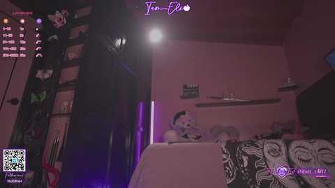 A dimly-lit, pink-themed bedroom with a plush toy, a bed with black and white bedding, and a camera recording. The walls are adorned with various decorative items, including a small shelf.