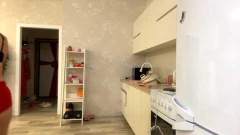 A video of a small, modern kitchen with white cabinets, a gas stove, a white microwave, and a white sink. A red door is open to a cluttered hallway.
