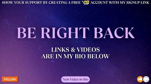 A digital advertisement with a purple and blue gradient background, featuring bold white text \"BE RIGHT BACK\" and \"LINKS & VIDEOS ARE IN MY BIO.\" It includes social media icons and a \"New video in bio\" button.