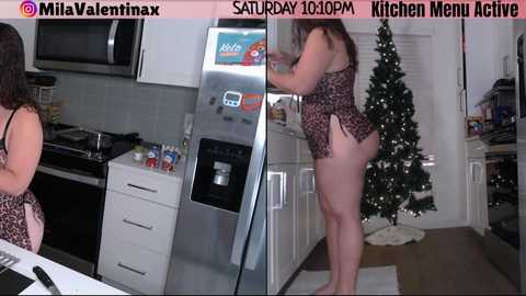 Media: A video showing a curvy, light-skinned woman with long brown hair in a leopard print onesie, standing in a modern kitchen with a Christmas tree, preparing a meal.