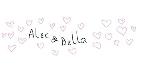 A digital image features a minimalist design with a row of small, light purple hearts on a white background. Centered, the text \"Alex & Bella\" is written in a casual, black script font.