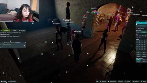 A video of a virtual reality scene depicting a woman in a red dress with a brick background, interacting with a group of avatars in a dark alley.