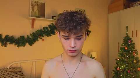 Video of a shirtless, curly-haired young man with fair skin in a cozy, warmly lit room, adorned with Christmas decorations including a garland and a lit Christmas tree.