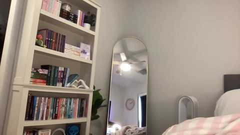 Media: Video of a cozy bedroom with a white bookshelf filled with books and toys, a large mirror reflecting a bed with pink and white bedding, and a ceiling fan.