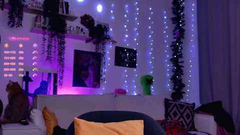 Video of a cozy, dimly lit bedroom with purple fairy lights, a green plush toy, a cat, and a person sitting in a dark blue chair.