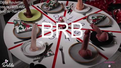 Video of a round table set with festive plates, napkins, and place cards. Centered is a large \"BB\" symbol with \"Dildo Roulette: 100 tk-soft ride, 100 tk-hard\" text.