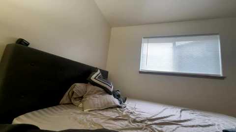 Video of a minimalist bedroom with a dark brown padded headboard, a neatly made bed with beige linens, a single pillow with a striped pattern, a closed window with white blinds, and a small black object on the headboard.