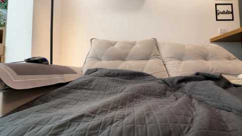 A video of a modern, minimalist bedroom with a tufted white leather headboard, gray quilted blanket, wooden shelf, and framed black-and-white photo.