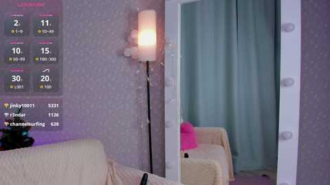 Video of a cozy, dimly lit room with pastel-colored walls, a beige couch, a teal curtain, and a modern white lamp. A digital screen displays \"Jabberwocky\" and \"chatroom\" statistics.