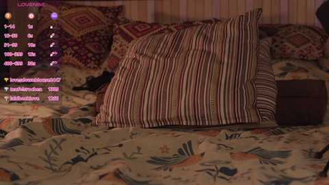 A video of a cozy bedroom with a striped pillow on a floral-patterned bedspread, featuring a wooden headboard and a dimly lit, warm ambiance.
