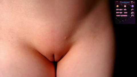 A close-up video of a light-skinned, female pubic region, showing natural skin texture and sparse pubic hair. The background features a dimly lit, indistinct setting and a digital display with text and icons.