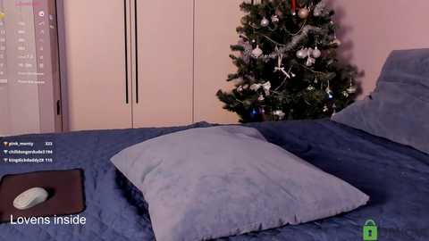 Media: A video of a cozy bedroom with a Christmas tree adorned with ornaments and lights, set against a blue quilted bed. The bed has a gray pillow and a dark wooden tray with a remote control.