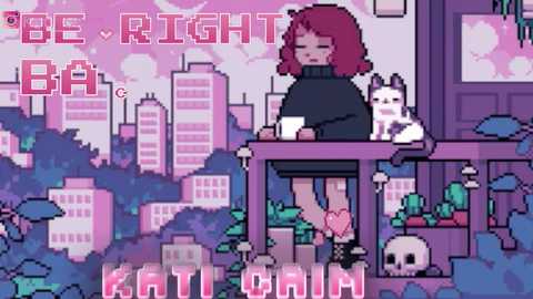 Pixel art digital illustration of a girl with short red hair, wearing a black sweater and skirt, sitting on a balcony. The background features a pink, stylized cityscape with pastel-colored buildings and a cat. Text reads \"BE RIGHT BAY C.\