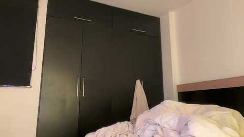 Video of a minimalist bedroom with a black wooden wardrobe and a beige bed with a white blanket, a towel hanging on the wardrobe door. The room has white walls and a modern, sleek design.
