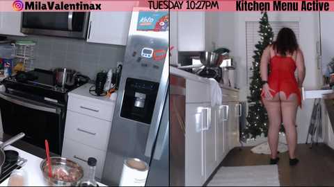Video of a woman in a red lingerie apron, facing away, in a modern kitchen with a Christmas tree in the background.