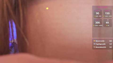 A video featuring a close-up of a woman's skin, with a digital overlay displaying viewer statistics. The skin appears smooth and tan, with a slight blur.