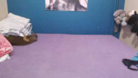 Video of a small, cluttered bedroom with a purple carpet, a messy bed with white and red striped sheets, a blue wall with a framed poster, and a black backpack on the floor.