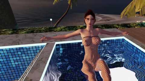 A CGI image of a scantily-clad woman with brown hair, small breasts, and fishnet dress, lounging in a pool with a tropical background.