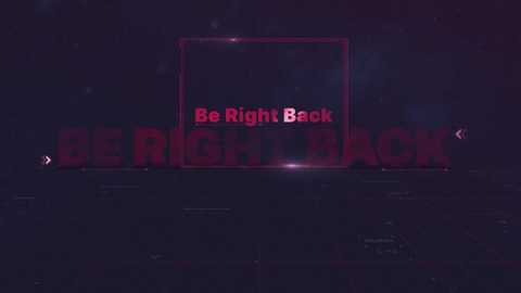 A digital image features a dark, abstract background with \"Be Right Back\" in bold, red text, centered within a red square frame. The background contains scattered, faint, star-like particles.
