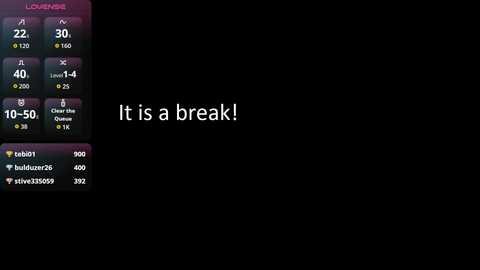 A digital screenshot featuring a black background with a white text stating, \"it is a break!\" The left side displays a small, colorful bar graph and various statistics.