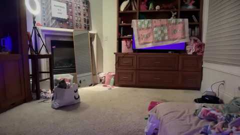 Video of a messy, dimly-lit bedroom with a white carpet, scattered toys, a pink quilt, a TV, and a large photo frame on the wall.