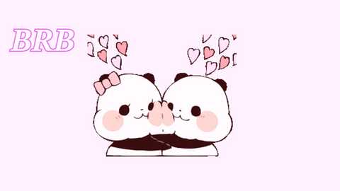Digital drawing of two adorable, blushing panda bears kissing, surrounded by pink hearts, with \"BRB\" in the upper left corner.