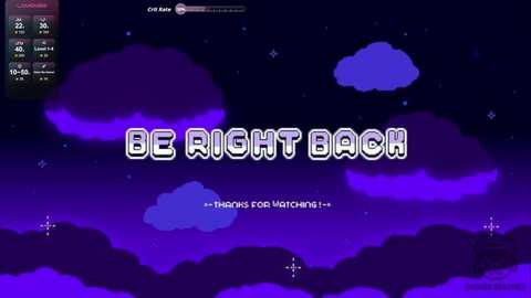 A digital game screenshot featuring a dark purple night sky with clouds, \"BE RIGHT BACK\" in large white text, and \"Thanks for watching!\" at the bottom.